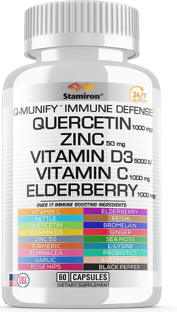 Stamiron Quercetin 1000mg Zinc 50mg Vitamin C 1000mg Supplement Immune Support Defense w Vit D3 5000IU Elderberry Echinacea Artemisinin Turmeric Ginger Quercitin Bromelain Garlic Nettle -USA Made 60ct