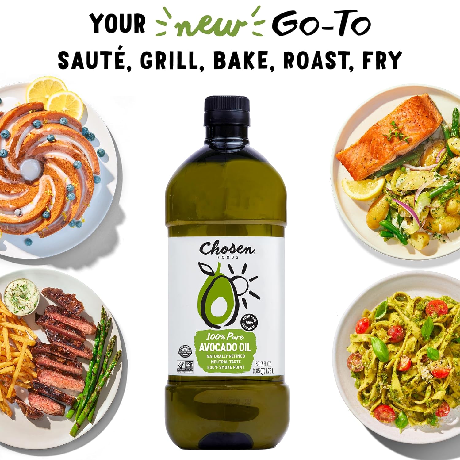 Chosen Foods 100% Pure Avocado Oil For Cooking - Made With Good Fats From Avocados, Naturally Refined, Never Adulterated, High Smoke Point, Non-Gmo, Soy-Free, Canola Oil-Free, Gluten-Free, Paleo, Keto