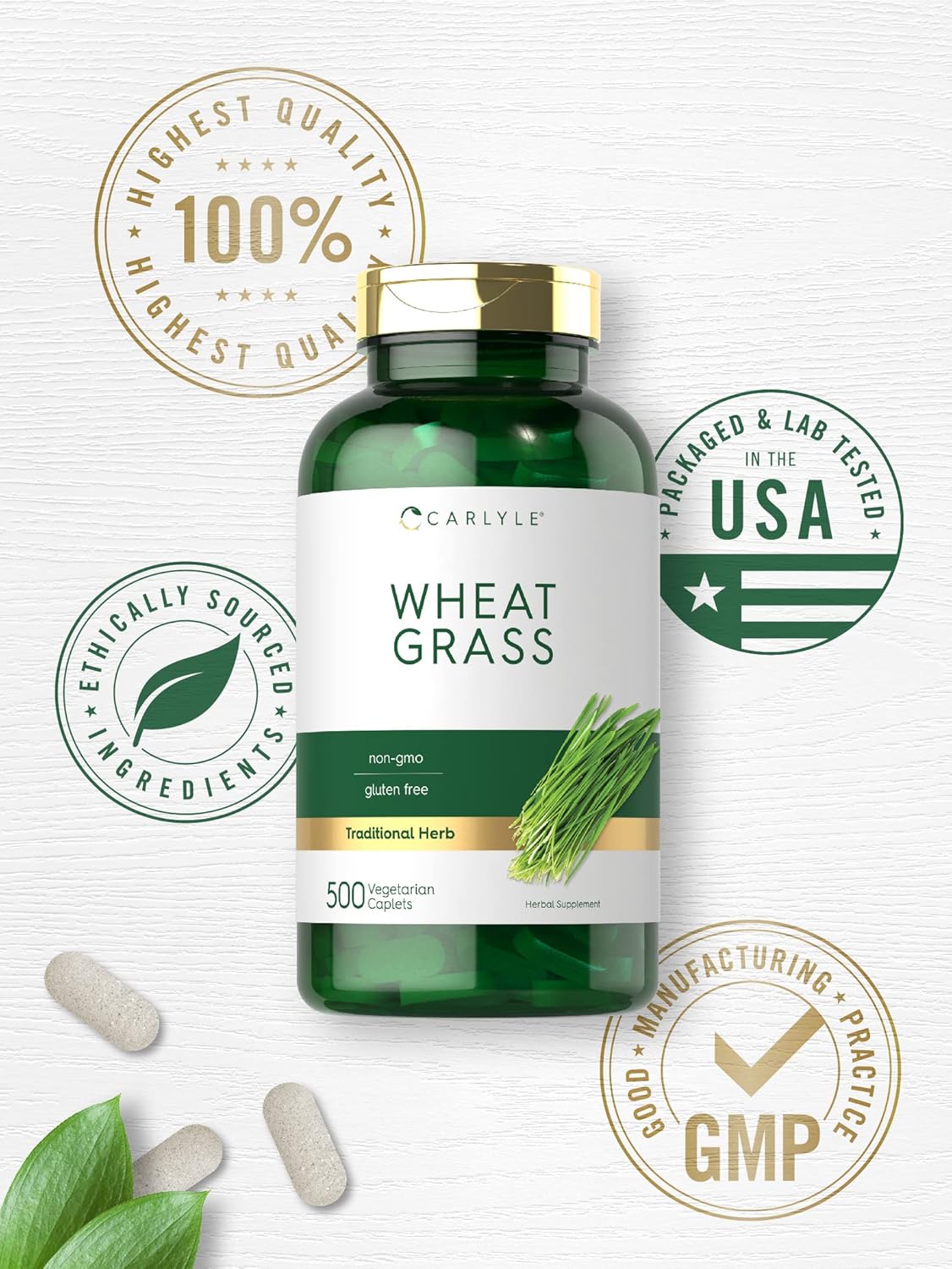 Carlyle Wheat Grass | 500 Vegetarian Caplets | Non-GMO, Gluten Free Supplement : Health & Household