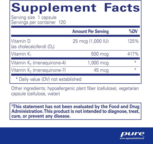 Pure Encapsulations Synergy K - with Vitamin K1, K2 & D3 - Supports Bones, Blood Vessels, Vascular Elasticity & Calcium Utilization* - includes Cholecalciferol - Gluten Free & Non-GMO - 180 Capsules