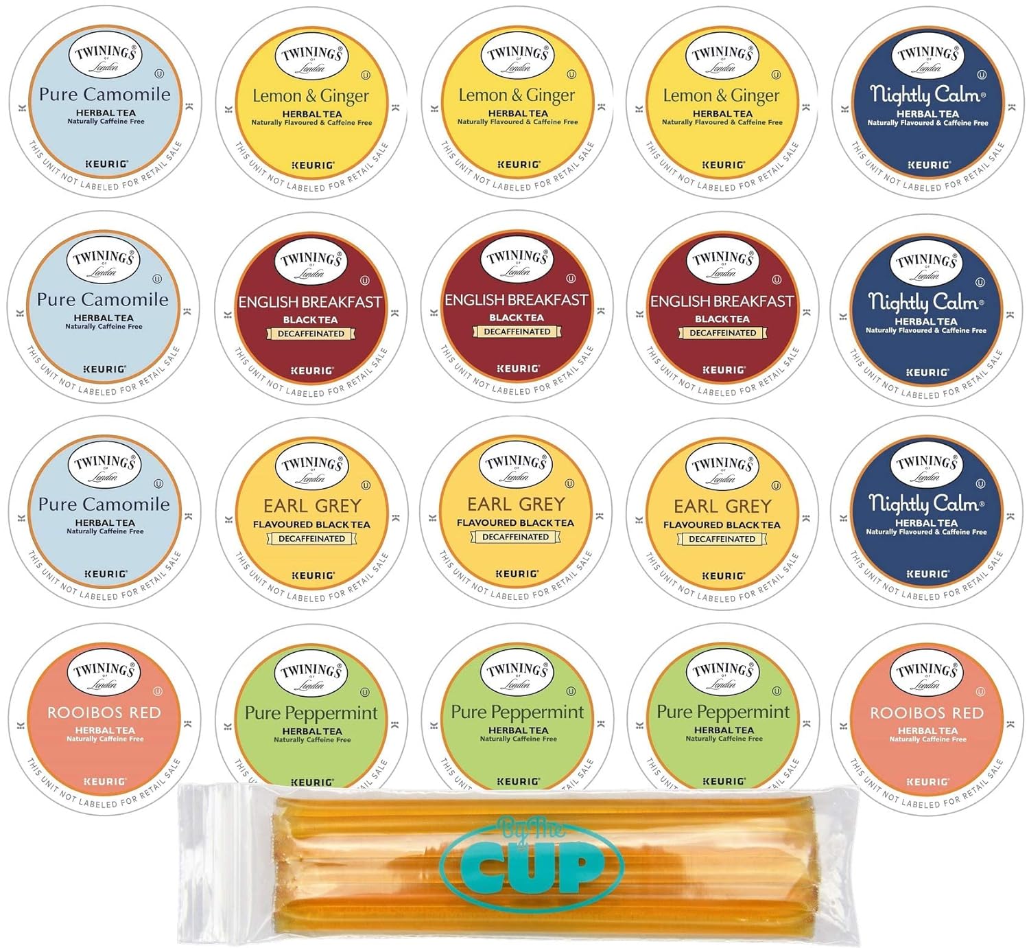 Twinings 20 Count Herbal & Decaffeinated Sampler Assorted Keurig 2.0 K-Cups with By The Cup Honey Sticks