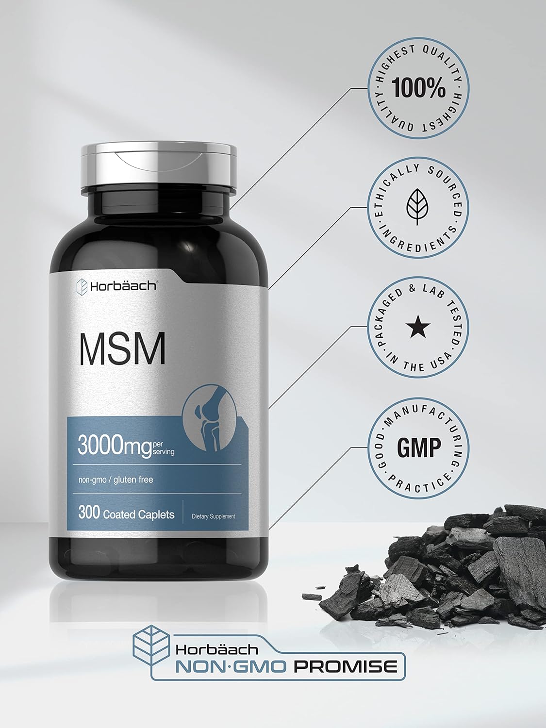 Horbäach MSM Supplement | 3000mg | 300 Coated Caplets | Methylsulfonylmethane with Calcium | Vegetarian, Non-GMO, Gluten Free : Health & Household