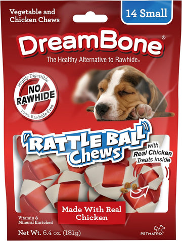 Dreambone Rattleball Small Chews 14 Count, Rawhide-Free Chews For Dogs, With Real Chicken Treats Inside