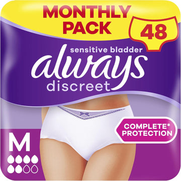 Always Discreet Incontinence Pants Women, Medium, UK Size 8-14, White, Absorbency 6, 48 Underwear / Knickers (12 x 4 Packs), Heavy Bladder Leak Protection / Maternity Postpartum, Odour Neutraliser