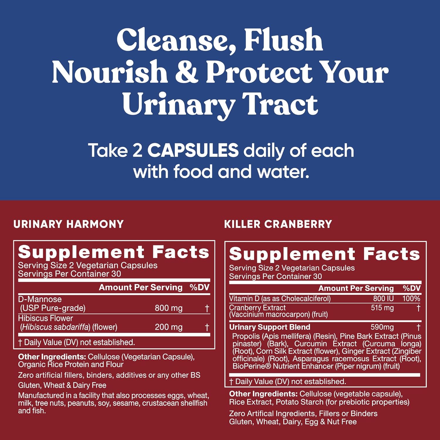 Urinary Tract Supplement Duo, Urinary Harmony + Killer Cranberry, UT Defense blends, D-mannose & Hibiscus + Cranberry, Pine Bark, Propolis & Vitamin D, Clinical Strength Ingredients, 2 X 60 ct : Health & Household