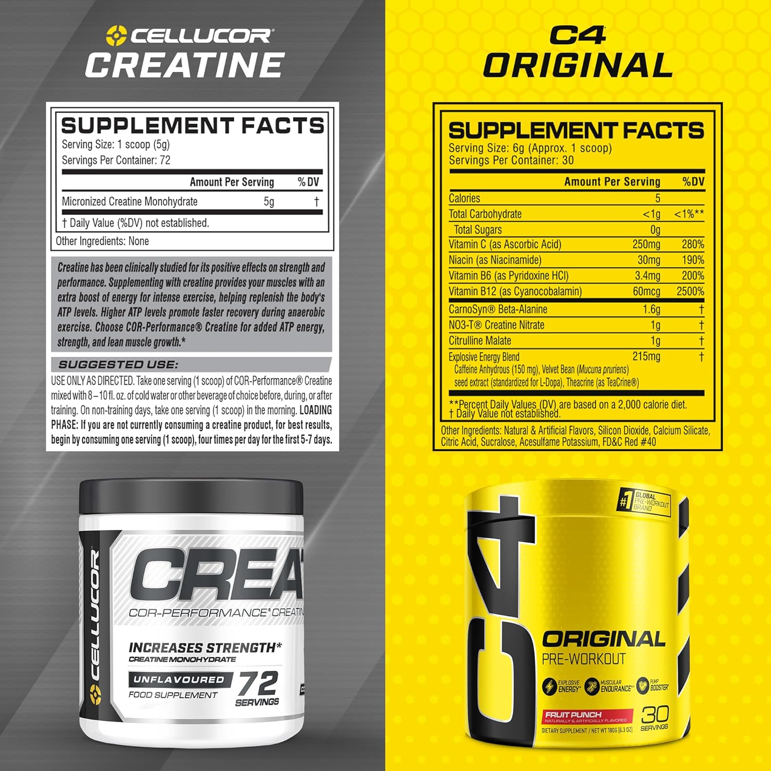 Cellucor Pre Workout & Creatine Bundle, C4 Original Pre Workout Powder, Fruit Punch, 30 Servings + Cor Performance Creatine Powder, 72 Servings : Health & Household