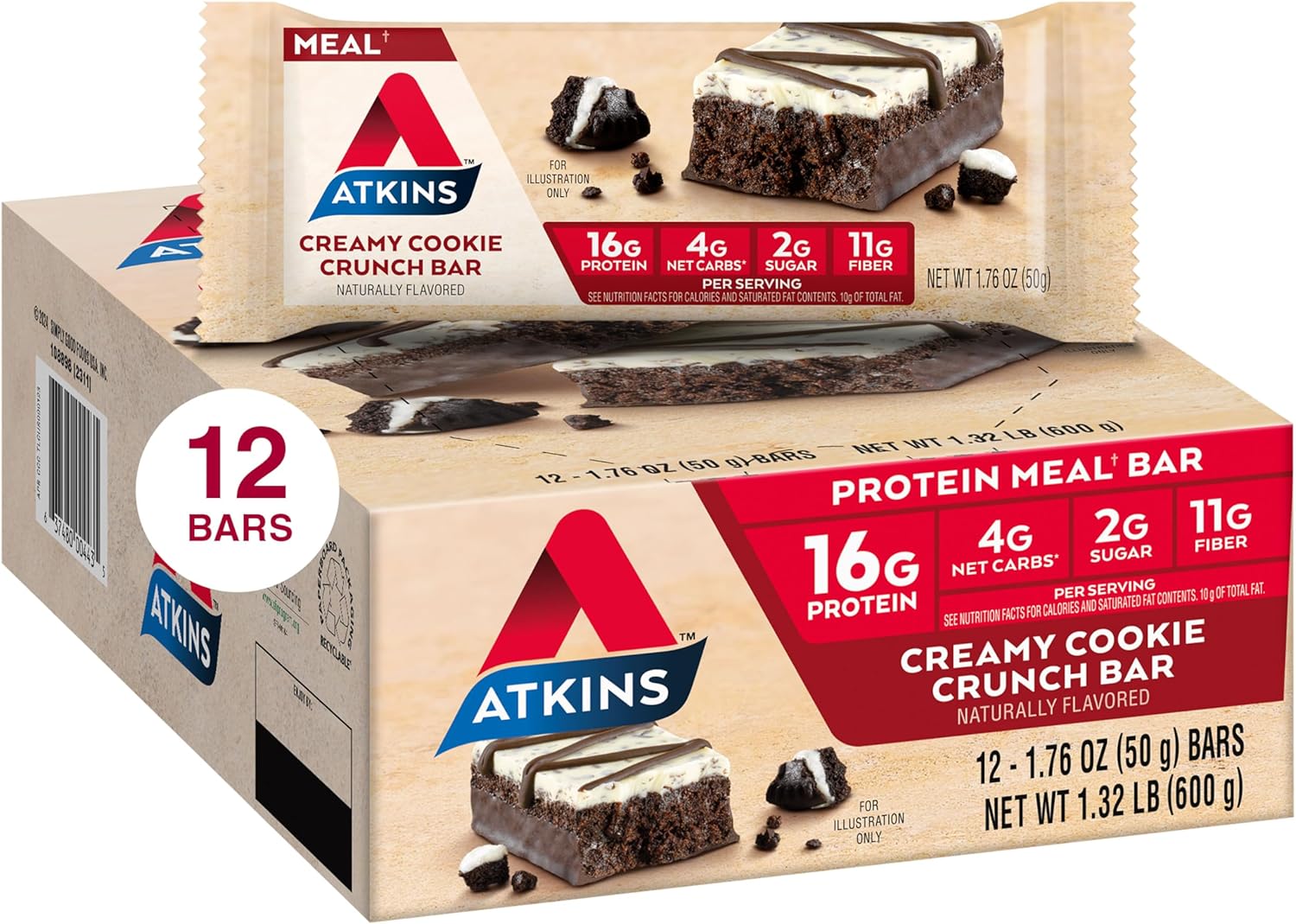 Atkins Creamy Cookie Crunch Meal Bars, 16G Protein, 11G Fiber, 2G Sugar, 4G Net Carbs, Low Carb, 12 Count