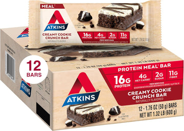 Atkins Creamy Cookie Crunch Meal Bars, 16G Protein, 11G Fiber, 2G Sugar, 4G Net Carbs, Low Carb, 12 Count