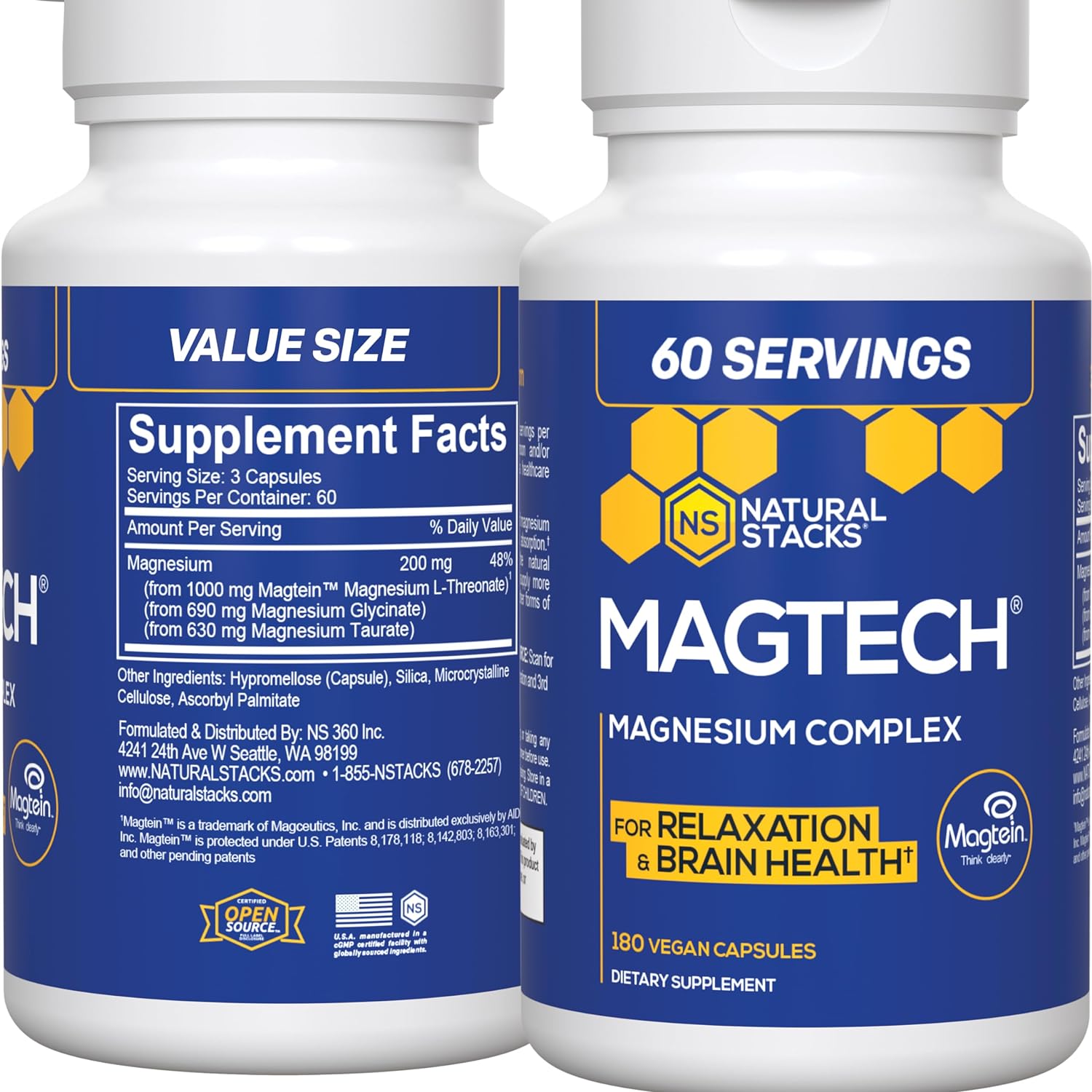 MagTech Magnesium Supplement - Chelated Magnesium Complex - 3 Forms of Magnesium: Magtein Magnesium L-Threonate, Glycinate & Taurate - Supports Relaxation & Brain Health, 180 Magnesium Capsules