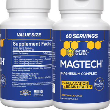 MagTech Magnesium Supplement - Chelated Magnesium Complex - 3 Forms of Magnesium: Magtein Magnesium L-Threonate, Glycinate & Taurate - Supports Relaxation & Brain Health, 180 Magnesium Capsules