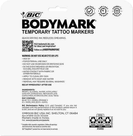 BIC BodyMark Temporary Tattoo Markers for Skin, Color Collection, Flexible Brush Tip, Assorted Colors, Skin-Safe, Cosmetic Quality 8-Count Pack
