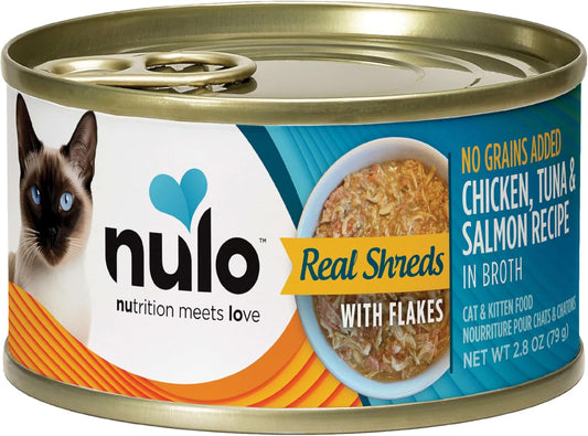 Nulo Grain-Free Real Shreds With Flakes Wet Canned Cat & Kitten Food, Chicken, Tuna, And Salmon In Broth, 2.8 Ounce, 12 Cans