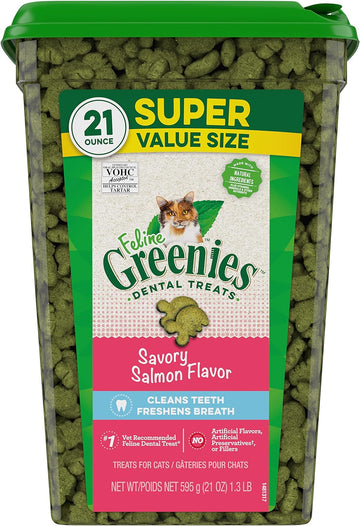 Greenies Feline Adult Natural Dental Care Cat Treats Savory Salmon Flavor, 21 oz. Tub