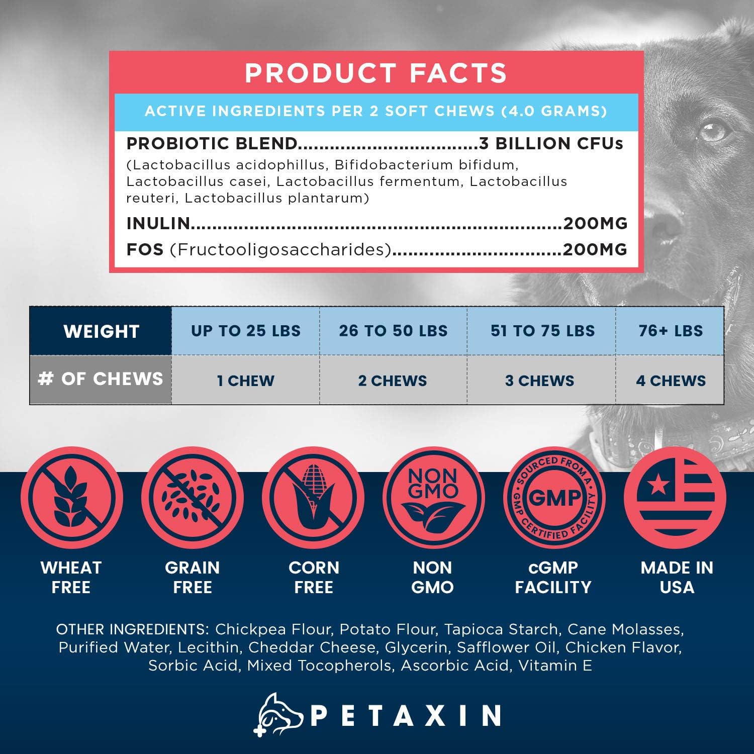 Petaxin Probiotics for Dogs - 6 Strains with Prebiotics - Supports Digestive and Immune System – Relief for Diarrhea, Bad Breath, Allergies, Gas, Constipation, Hot Spots - Made in USA - 120 Chews : Pet Supplies