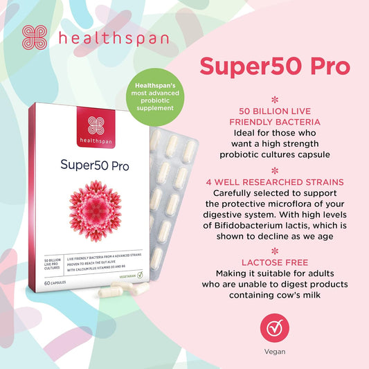 Healthspan Super50 Probiotic | Gut Health | with Vitamin D3 | 50 Billion Live Probiotic Cultures | Vitamin B6 | Calcium | Vegetarian (60 Capsules)