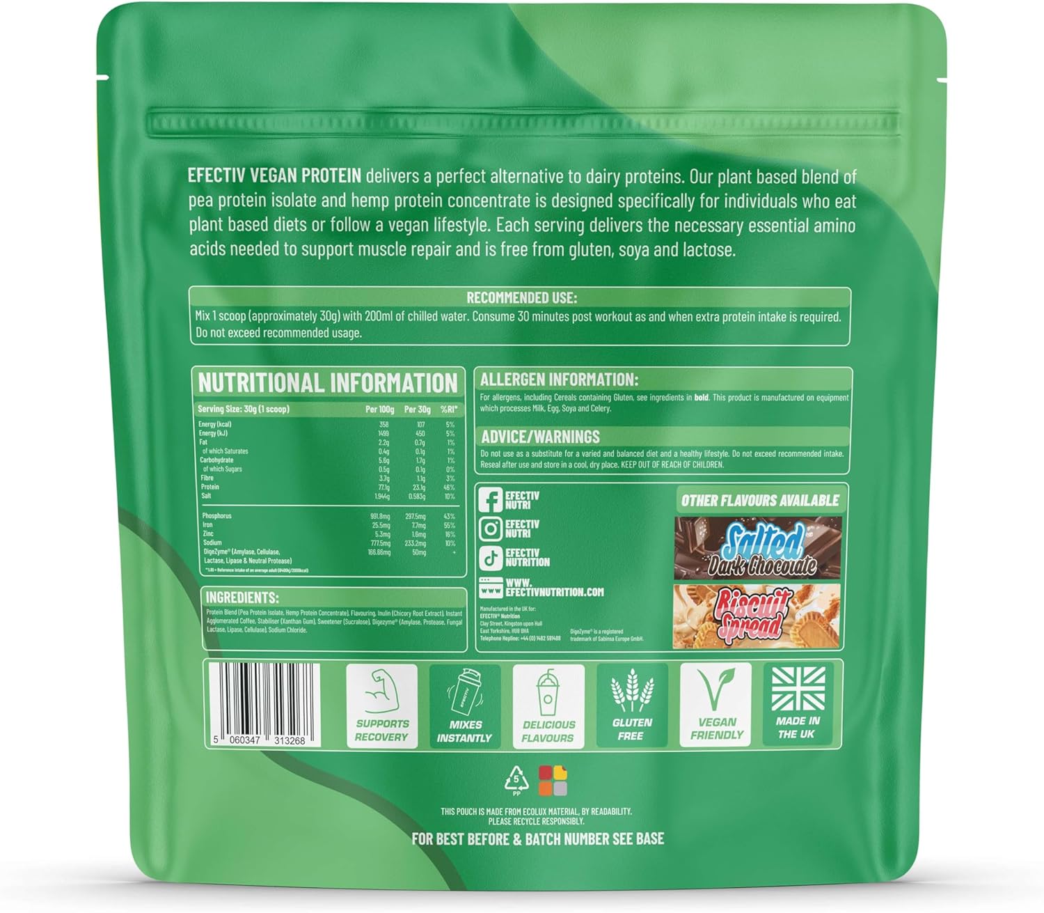 Efectiv Vegan Protein Powder 900g - Vanilla Ice Cream 23g Protein - Dairy, Gluten & Soy Free - Low Sugar Plant Based Protein Powder with Added Digestive Enzymes & Recyclable Packaging (30 Servings) : Amazon.co.uk: Health & Personal Care