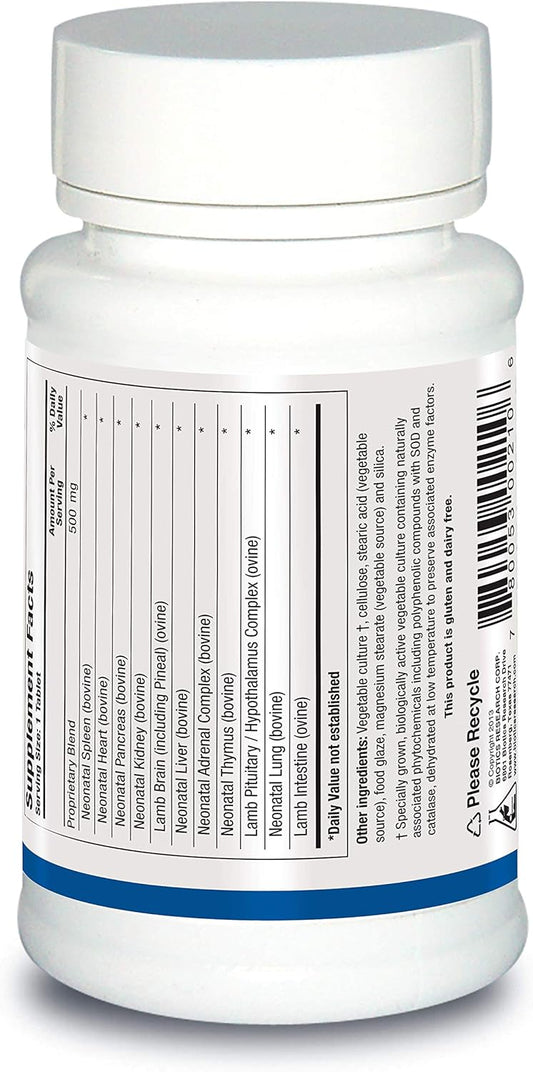 Biotics Research Neonatal Multi Gland Mixed Organd And Glandular Concentrates. Broad Spectrum Therapy. Spleen, Heart, Pancreas, Kidney, Brain Liver, Adrenal, Thymus, Pituitary Or Hypothalamus 60Tabs