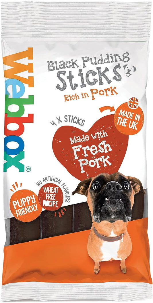 Webbox Black Pudding Sticks Dog Treats - Made with Fresh Pork, Puppy Friendly, Wheat Free Recipe, No Artificial Flavours, Made in the UK (16 x 4 Packs)