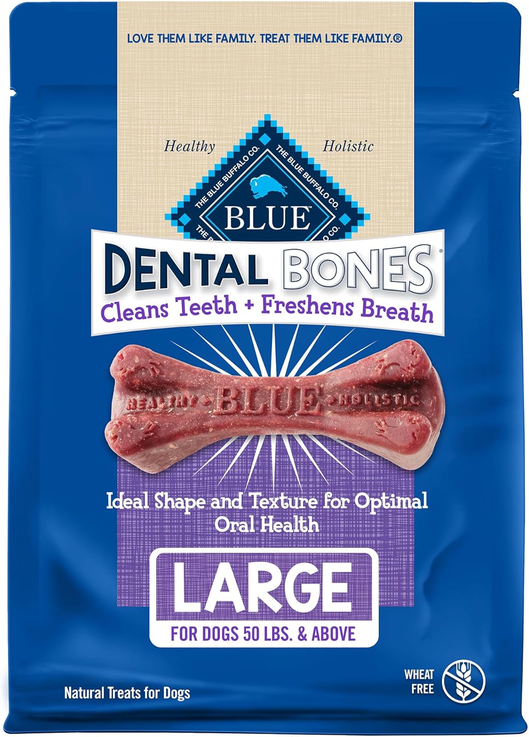 Blue Buffalo Dental Bones For Large Dogs 50 Lbs. & Above, Daily Dental Dog Treats, Cleans Teeth & Freshens Breath, 27-Oz. (17 Bones)