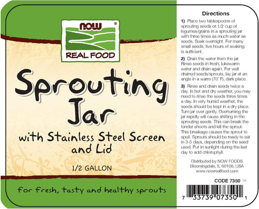 NOW Foods, Sprouting Jar with Stainless Steel Screen, Designed for Legumes, Seeds and Grains Sprouting, 1 Jar