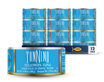 Tonnino Yellowfin Tuna Solid pack in Spring Water, Wild Caught, Non-GMO, Canned, 4.94 Oz (12 pack)
