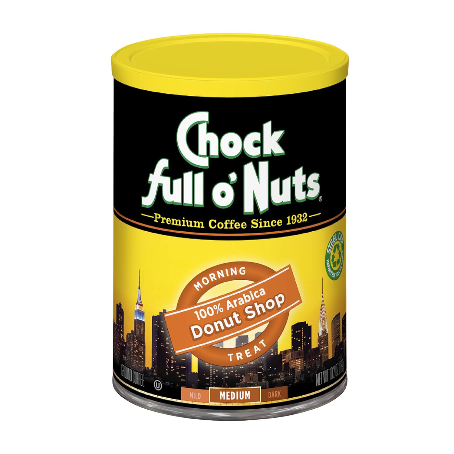 Chock Full o’Nuts Donut Shop Roast Ground Coffee, Light Roast - Arabica Coffee Beans – Mildly Roasted, Smooth-Flavored Breakfast Blend (10.2 Oz. Can)