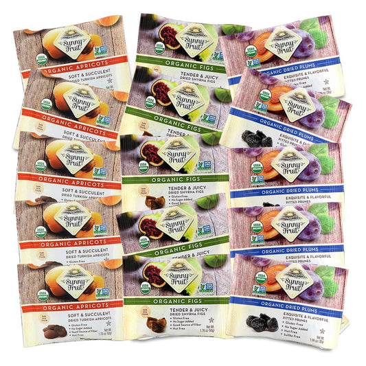 Sunny Fruit Organic Dried Fruit Assortment - Prunes, Figs & Apricots Variety, 3 Bags (15 Individual Portion Packs) | Organic, Non-Gmo, Vegan, Halal, Kosher, No Preservatives, No Sugar Added