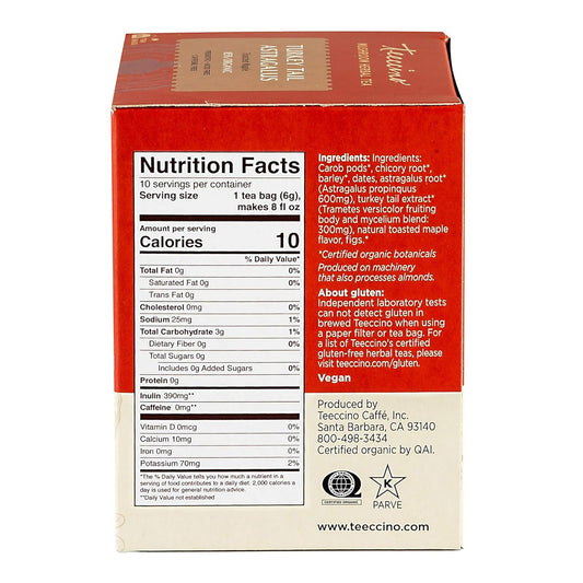 Teeccino Turkey Tail Astragalus - Toasted Maple - Caffeine Free Mushroom Adaptogenic Herbal Tea, 3X More Herbs Than Regular Tea Bags, Lightly Sweet From Dates & Figs, Chicory Prebiotic - 10 Tea Bags