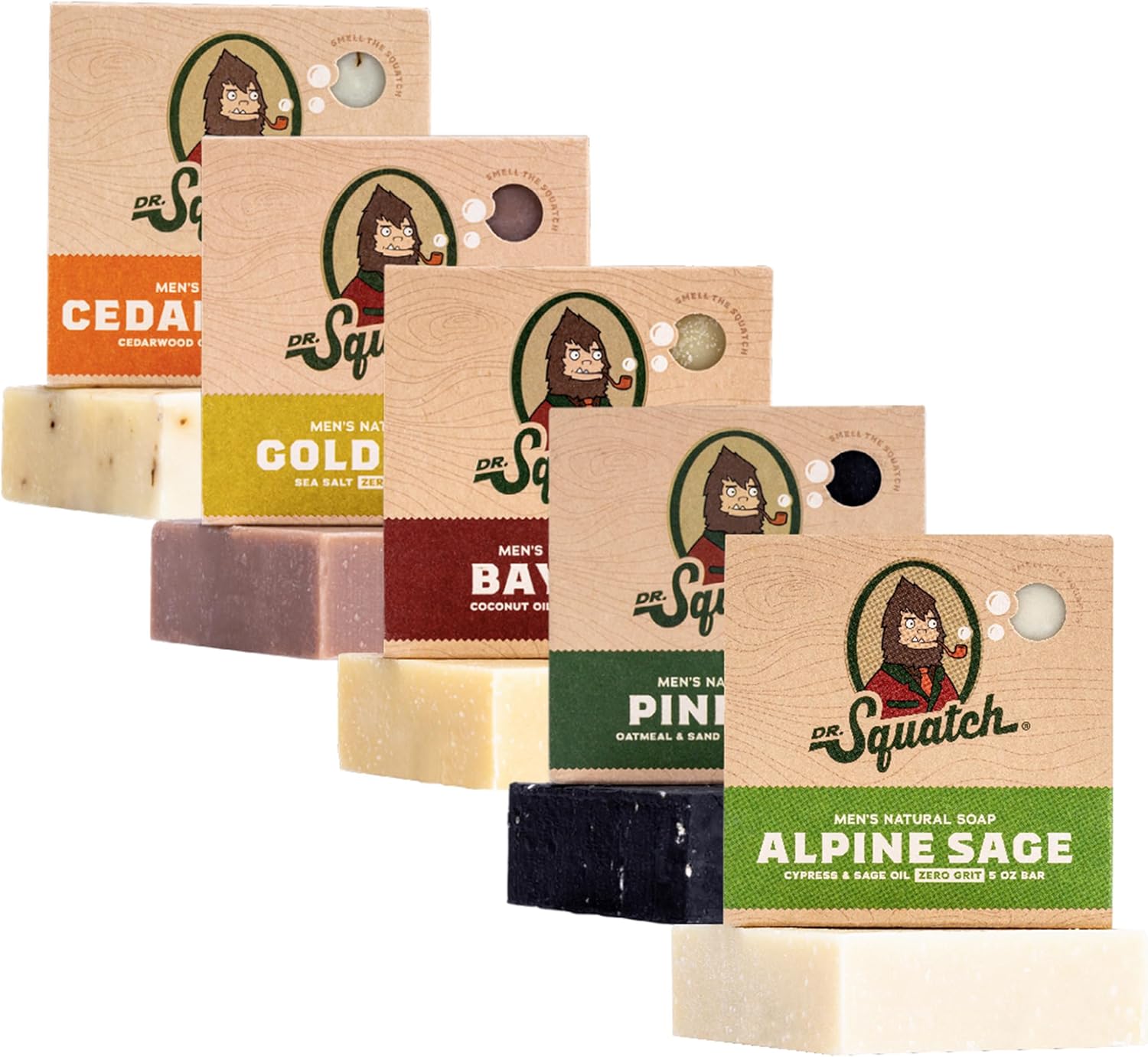Dr. Squatch Men'S Soap Sampler Pack (5 Bars) – Cool Fresh Aloe, Gold Moss, Pine Tar, Cedar Citrus, Bay Rum Bars – Natural Manly Scented Organic Soap For Men (5 Bar Bundle Set)