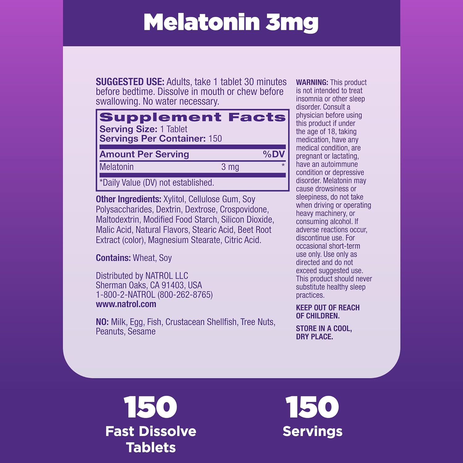 Natrol Melatonin 3mg, Strawberry-Flavored Dietary Supplement for Restful Sleep, 150 Fast-Dissolve Tablets, 150 Day Supply : Health & Household