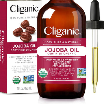 Cliganic Organic Jojoba Oil, 100% Pure (4Oz) | Moisturizing Oil For Face, Hair, Skin & Nails | Natural Cold Pressed Hexane Free | Base Carrier Oil