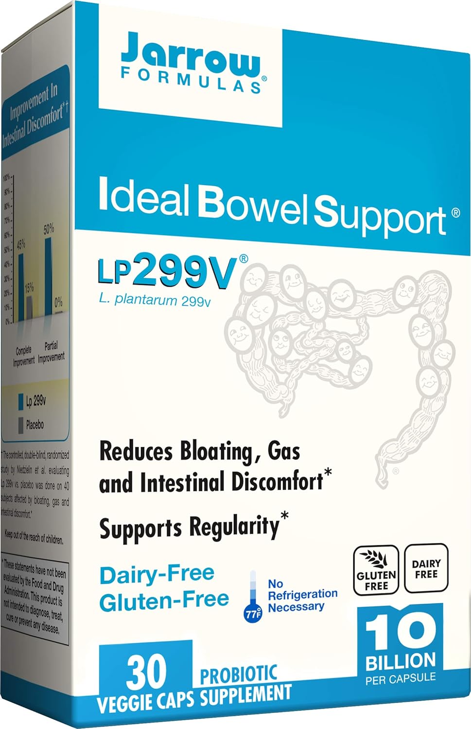 Jarrow Formulas Ideal Bowel Support, 10 Billion Organisms Per Cap, Reduces Bloating Gas And Intestinal Discomfort, 30 Count (Cool Ship, Pack Of 3)