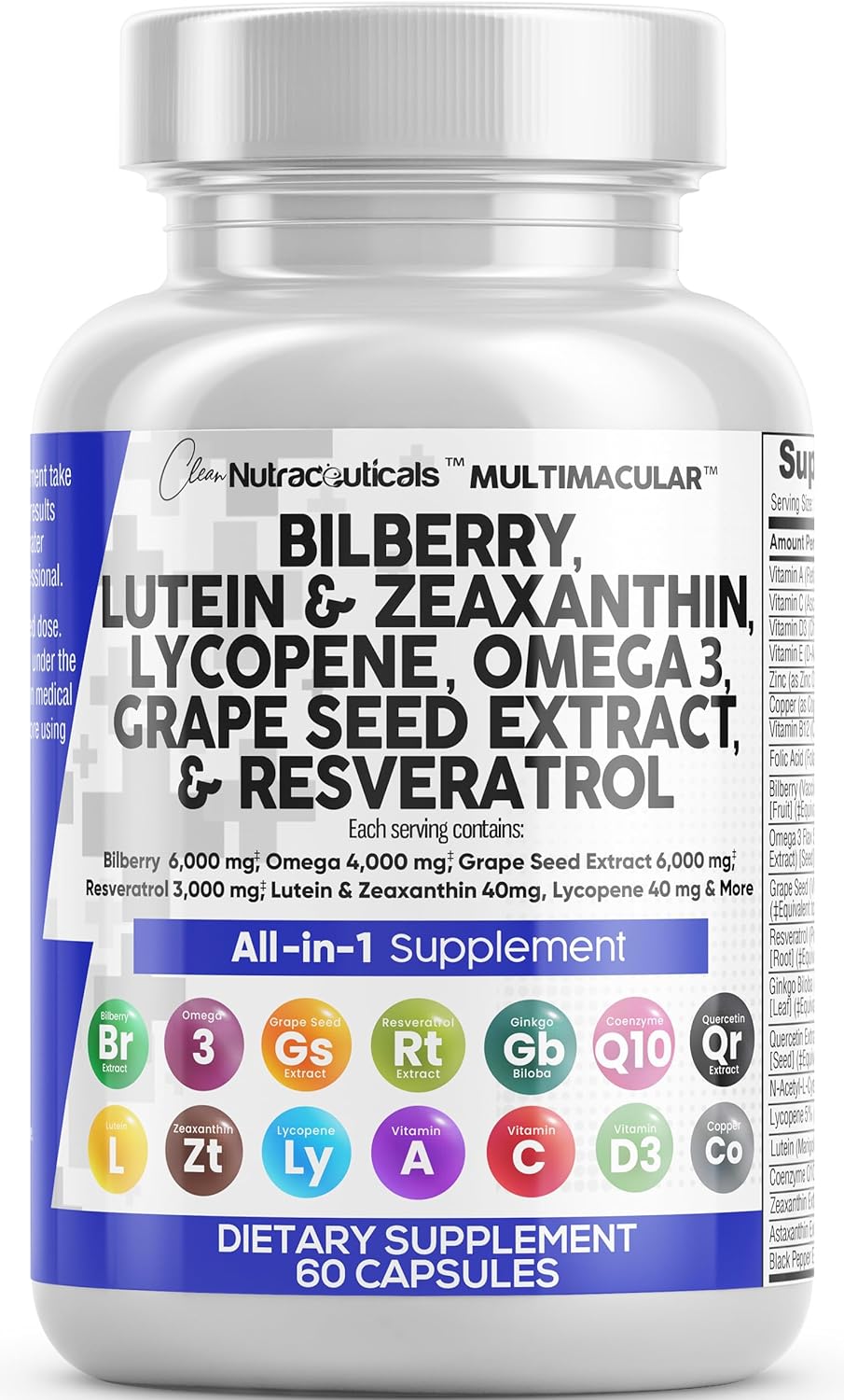 Clean Nutraceuticals Eye Health Vitamins with Bilberry 6000mg Lutein & Zeaxanthin 40mg Lycopene 40mg Resveratrol 3000mg Grape Seed Extract 6000mg Omega 3 4000mg Astaxanthin - Eye Vitamin - 60 Capsules