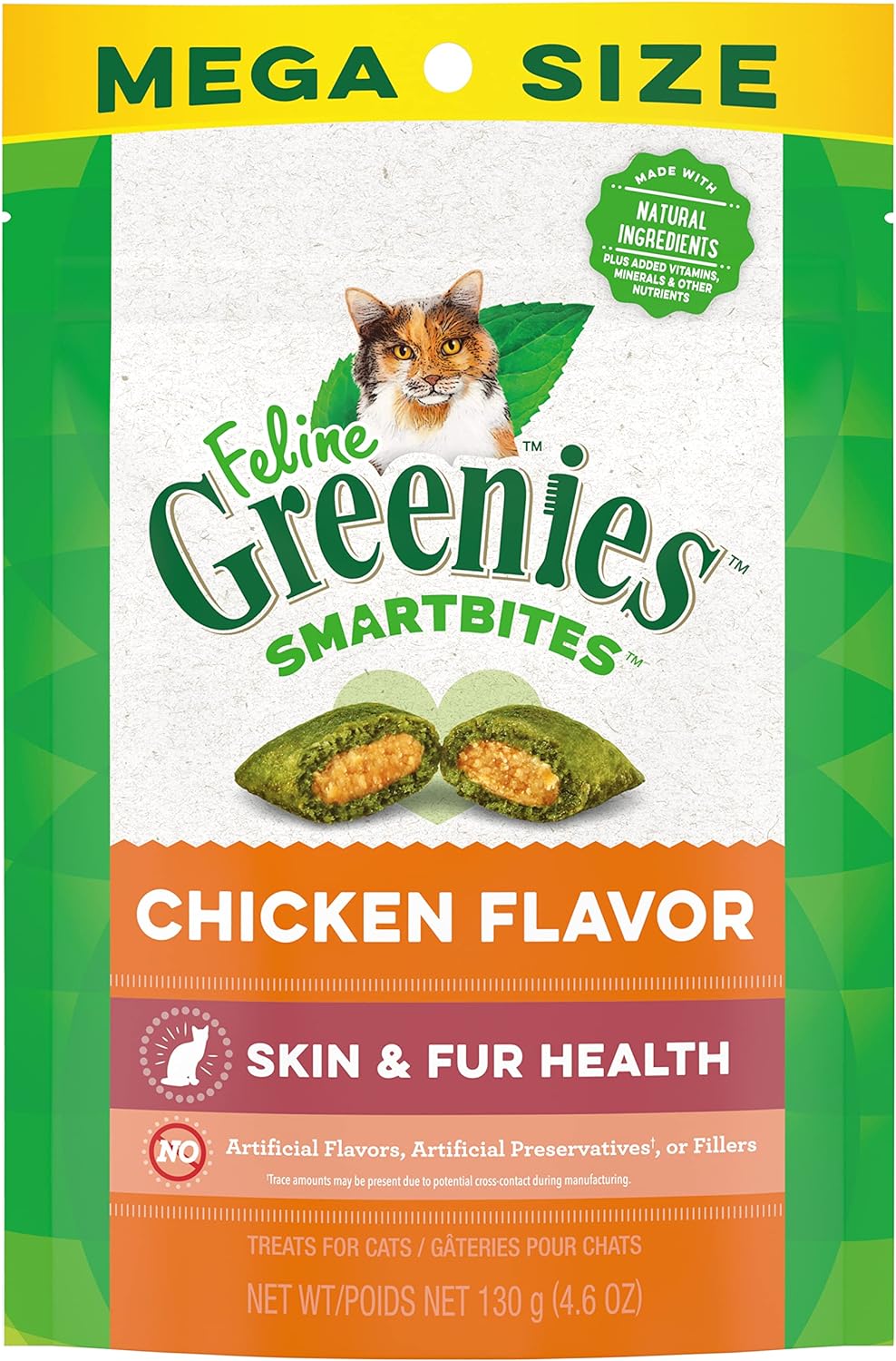 Greenies Feline Smartbites Skin & Fur Crunchy and Soft Natural Cat Treats, Chicken Flavor, 4.6 oz. Pack