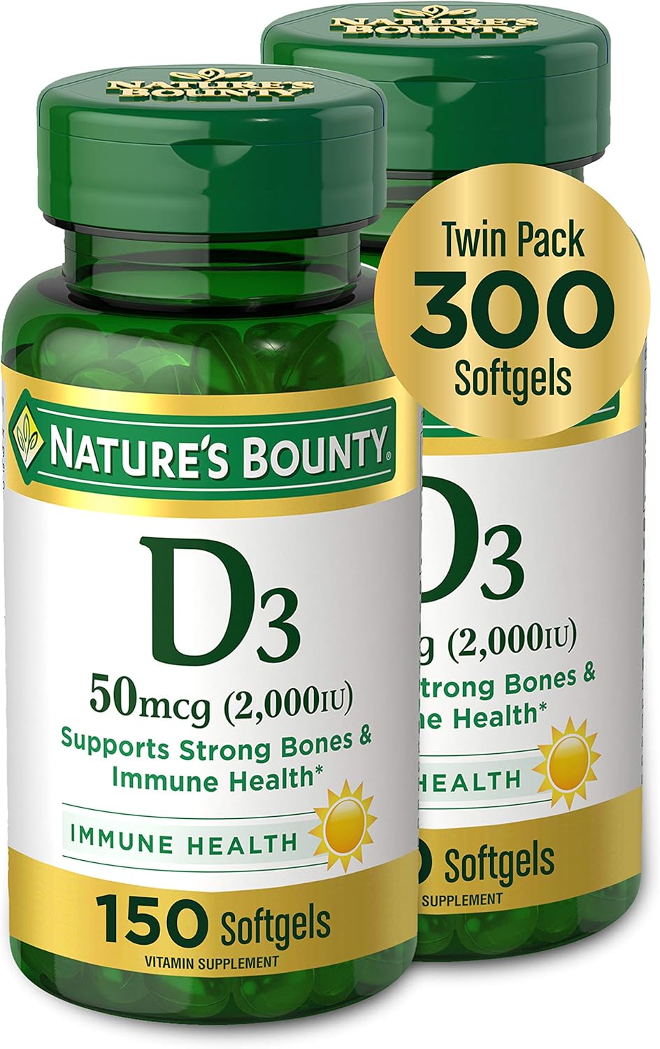 Nature'S Bounty Vitamin D3, Vitamin Supplement, Supports Immune System And Bone Health, 50Mcg, 2000Iu,150 Count (Pack Of 2)