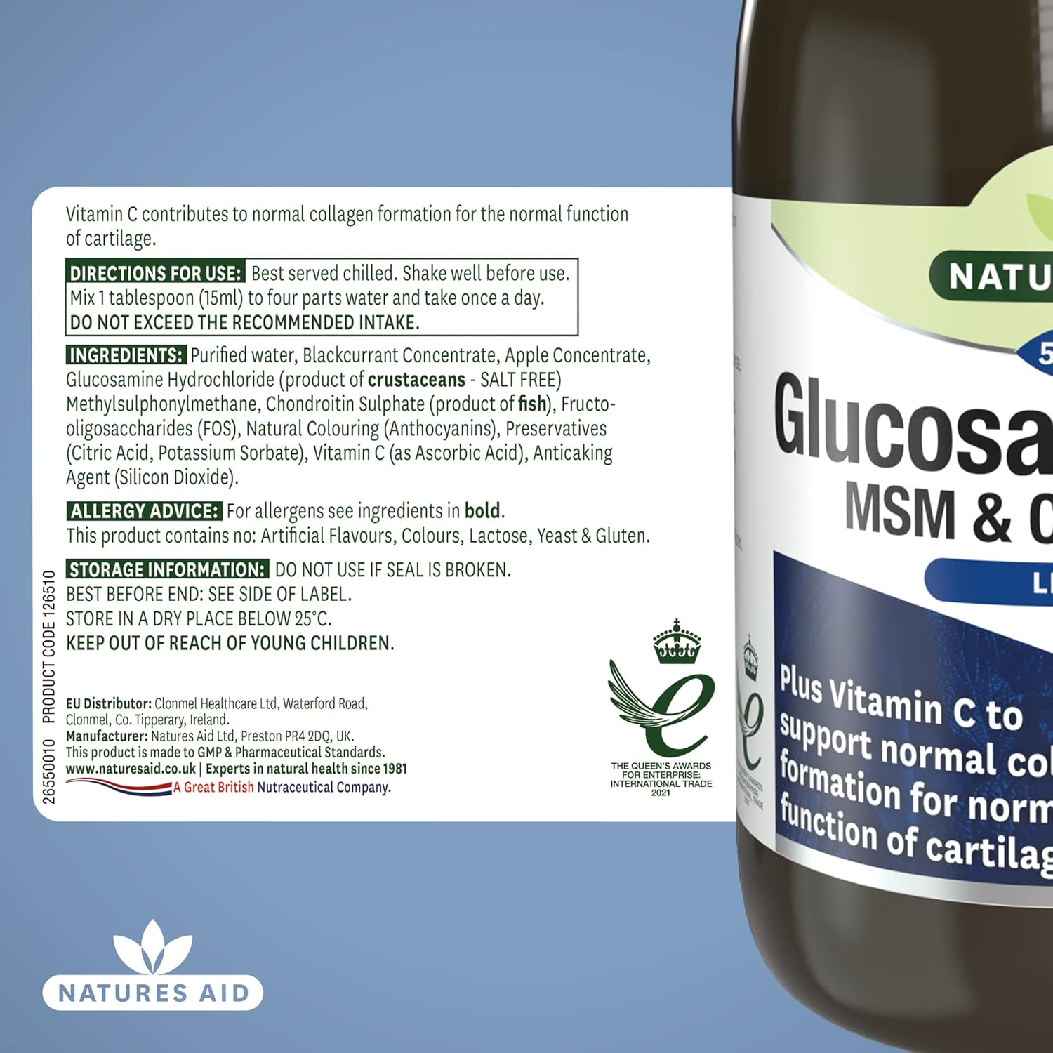 Natures Aid Glucosamine MSM & Chondroitin with Vitamin C Liquid 500ml - High Strength Joint Support - Mobility & Cartilage Health, Collagen Formation - Vegan, Non-GMO, Gluten-Free Supplement : Amazon.co.uk: Health & Personal Care
