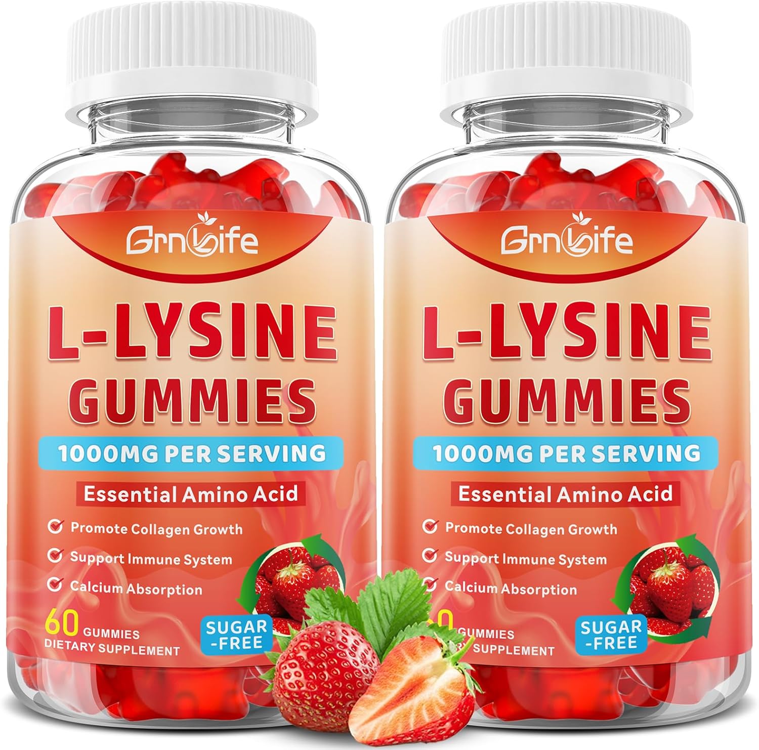 L-Lysine 1000Mg Gummies, Chewable Lysine Supplement For Adults & Kids, Essential Amino Acid Supplement For Immune Support, Collagen Formation Support, Strawberry, 60 Count