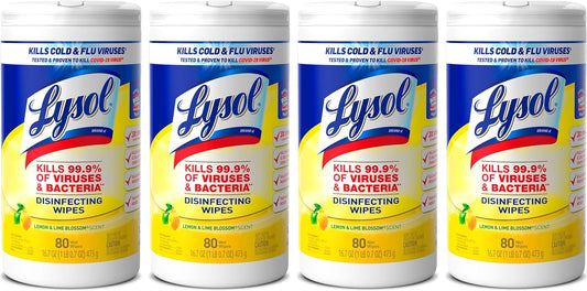 Lysol Disinfectant Wipes, Multi-Surface Antibacterial Cleaning Wipes, For Disinfecting And Cleaning, Lemon And Lime Blossom, Pack Of 4 (Packaging May Vary)