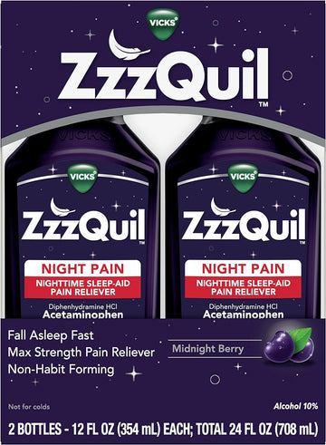 ZzzQuil Nighttime Pain Relief Sleep Aid Liquid, Max Strength Pain Reliever, Non-Habit Forming 12 Fl oz(Pack of 2)