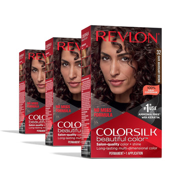 Revlon Colorsilk Beautiful Color Permanent Hair Color, Long-Lasting High-Definition Color, Shine & Silky Softness With 100% Gray Coverage, Ammonia Free, 32 Dark Mahogany Brown, 3 Pack