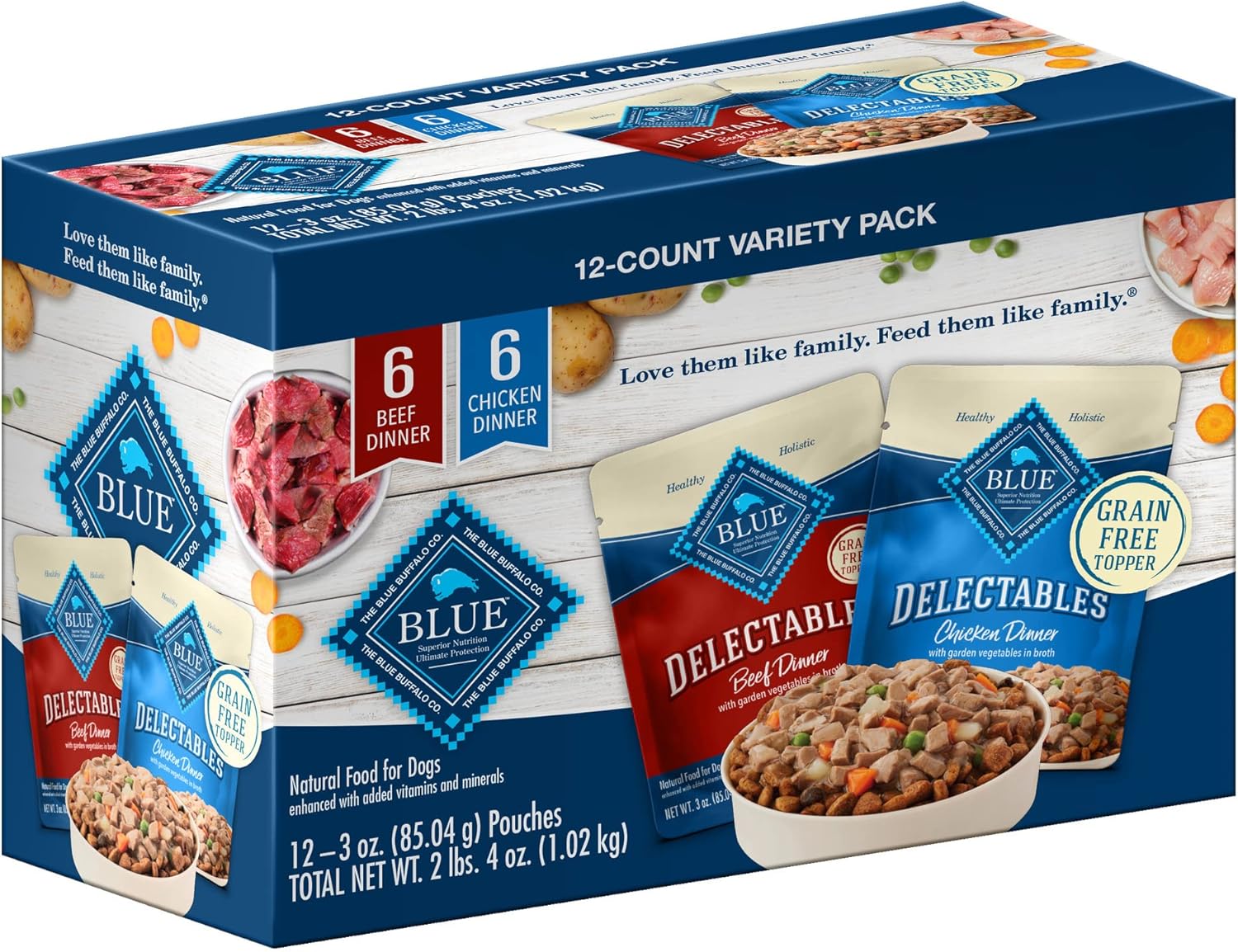 Blue Buffalo Delectables Natural Wet Dog Food Toppers Variety Pack, Tasty Chicken & Hearty Beef, Cuts In Gravy, 3-Oz. (12 Pouches, 6 Of Each Flavor)