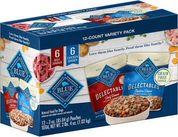 Blue Buffalo Delectables Natural Wet Dog Food Toppers Variety Pack, Tasty Chicken & Hearty Beef, Cuts In Gravy, 3-Oz. (12 Pouches, 6 Of Each Flavor)