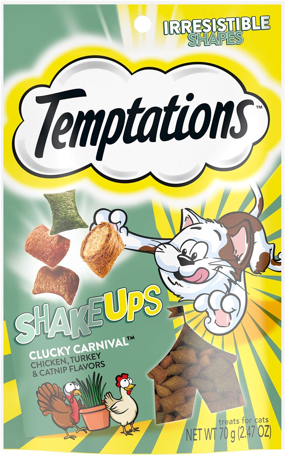 TEMPTATIONS ShakeUps Crunchy and Soft Cat Treats, Clucky Carnival Flavor, (12) 2.47 oz. Pouches