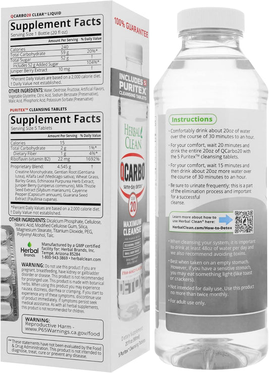 Herbal Clean QCarbo 20 Same-Day Premium Detox Drink, Strawberry Mango Flavor, 20 Fl Oz, and Tablets, 5 Count