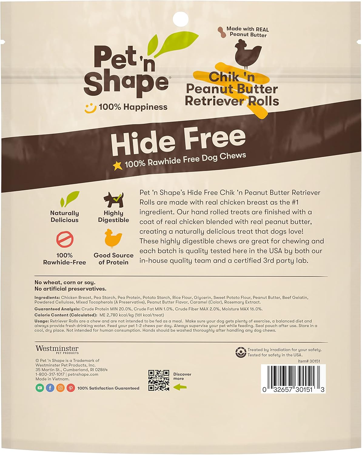Pet 'n Shape Hide Free Chik 'n & Peanut Butter 4" Retriever Rolls, 6 Count 12.6 oz - Rawhide Free Dog Treats - No Hide Alternative Chew Treat for All Life Stages : Pet Supplies