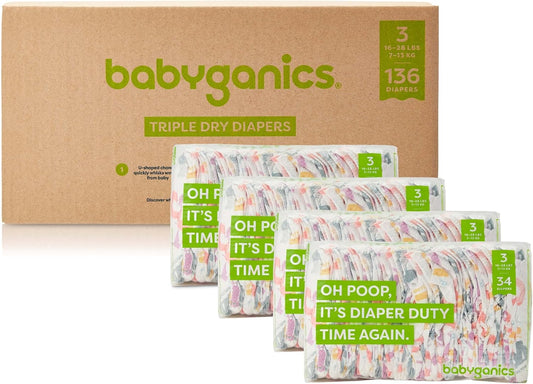 Babyganics Size 3, 136 Count, Absorbent, Breathable, Triple Dry Protection Diapers