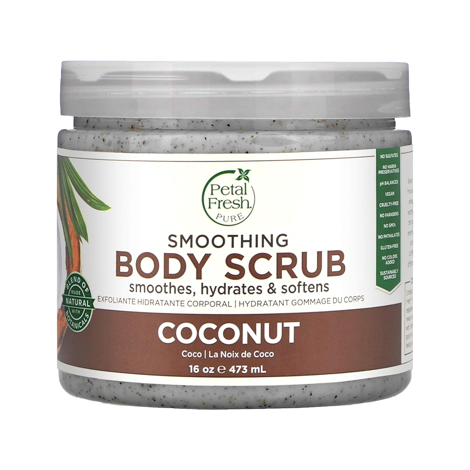 Petal Fresh Coconut Body Scrub, Smoothing Body Pudding, Natural, Gently Exfoliating, Daily Skincare, Vegan and Cruelty Free, 16 oz