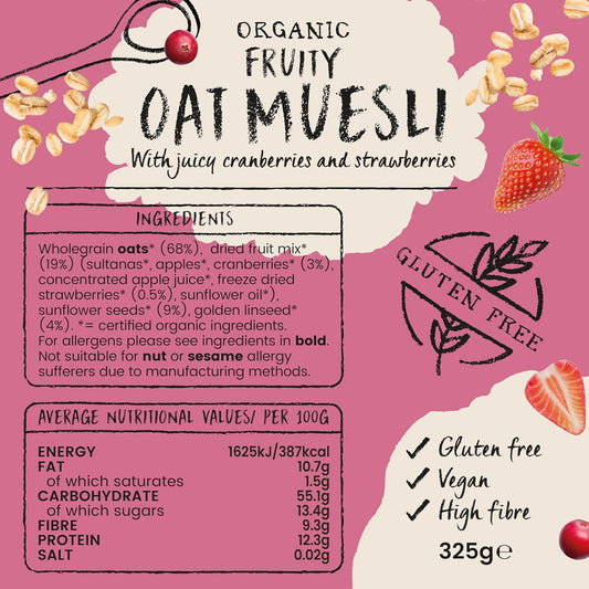 Amisa Organic Gluten-Free Fruity Oat Muesli, 325G - High In Fibre Breakfast Cereal With Cranberries & Strawberries