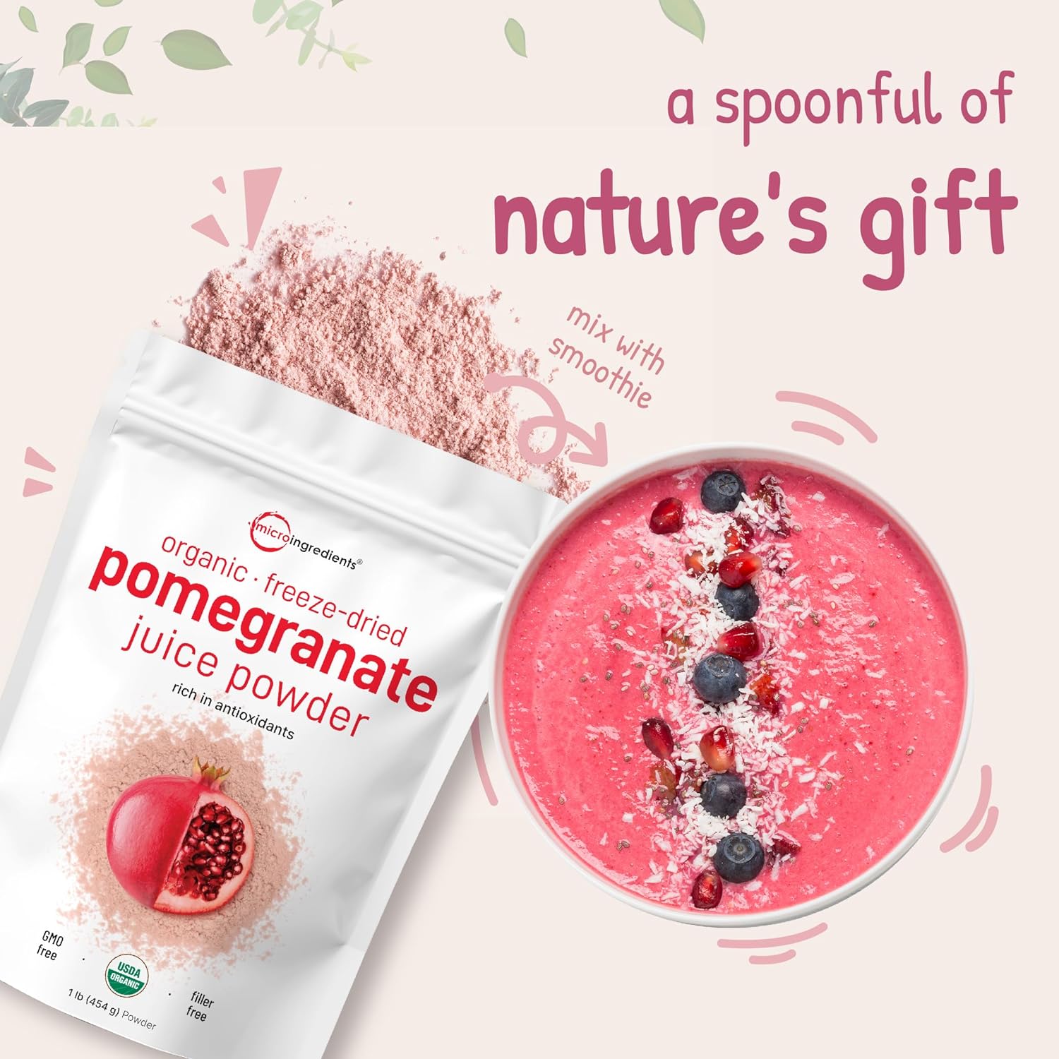 Organic Pomegranate Juice Powder, 1 Pound | 100% Natural Fruit Powder | Freeze Dried & Cold Pressed | No Sugar & Additives | Great Flavor for Drinks, Smoothie, & Beverages | Non-GMO & Vegan Friendly : Grocery & Gourmet Food