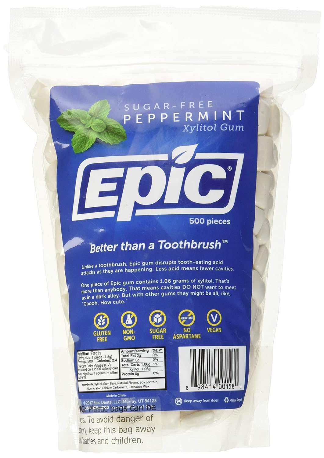 Epic Xylitol Chewing Gum - Sugar Free & Aspartame Free Chewing Gum Sweetened w/Xylitol for Dry Mouth & Gum Health (Peppermint, 500-Piece Bag, 1 Bag)